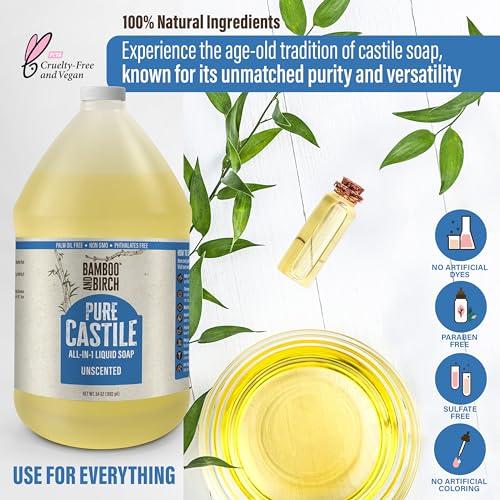 BAMBOO AND BIRCH BAMBOO AND BIRCH Pure Castile Soap Liquid Organic, Certified Palm Oil Free Natural Soap, Unscented, 1 Gallon