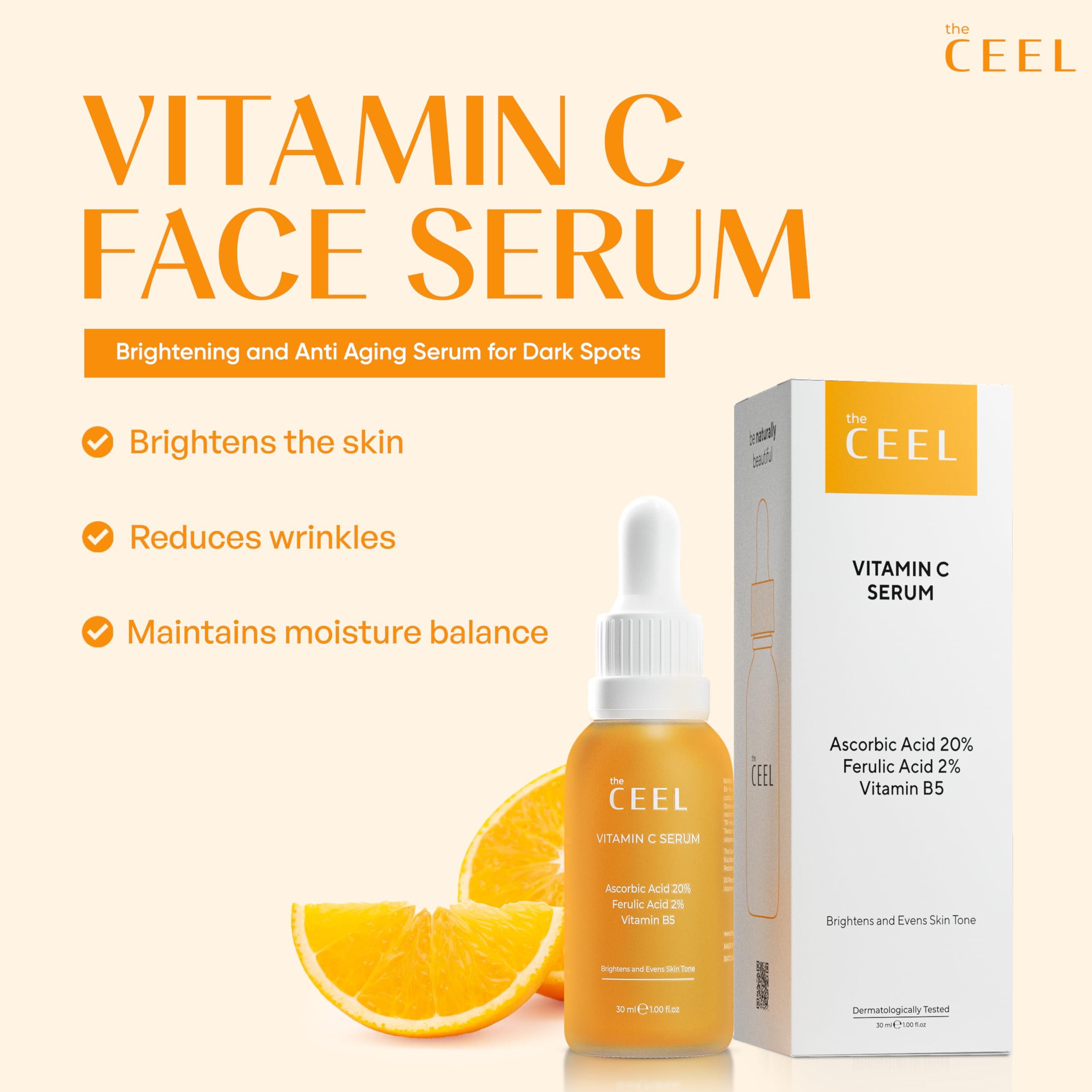 The Ceel The Ceel 20% Vitamin C Brightening Anti-Aging Serum for Face with Ascorbic, Ferulic Acid & Vitamin B5 - Paraben & Perfume Free Skin Care Formula for Hydration, Wrinkles, Dark Spots, & Radiance - 30ml