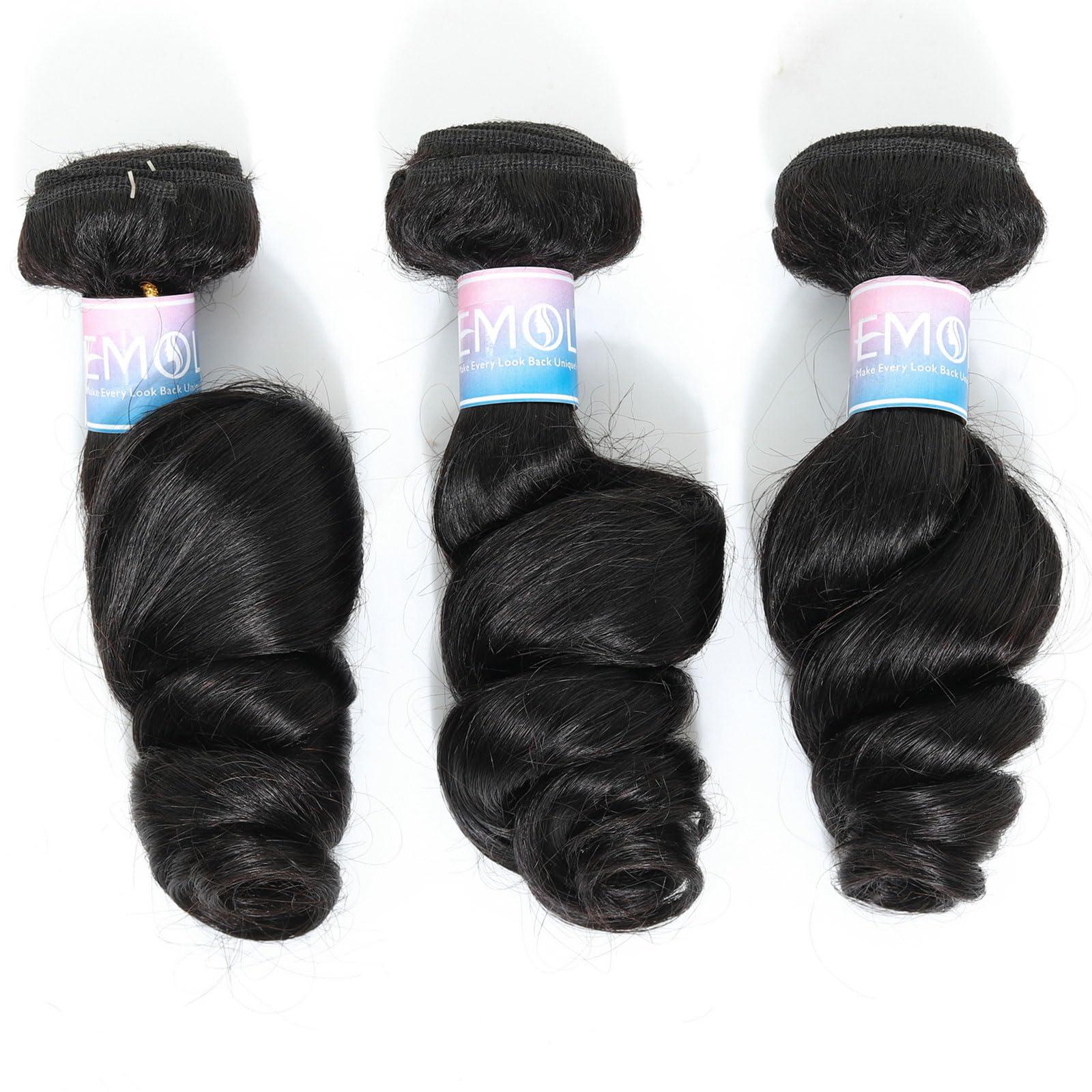 EMOL EMOL Loose Wave Bundles Human Hair Weave 3 Bundles Virgin Brazilian Loose Wavy Human Hair Weft Big Loose Spiral Wand Curls Short Hair Bundles Natural Black Human Hair Extensions 10 12 14 Inch