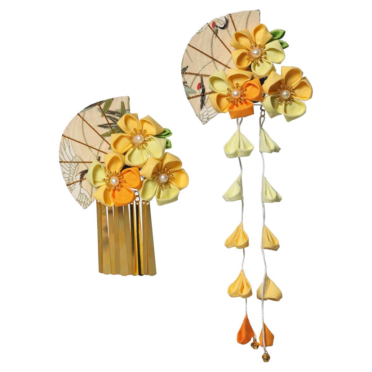 CAMDOM 2Pcs Womens Japanese Kimono Flower Hair Clips Tassel Hair Hairpins Traditional Kanzashi Hair Accessories Set