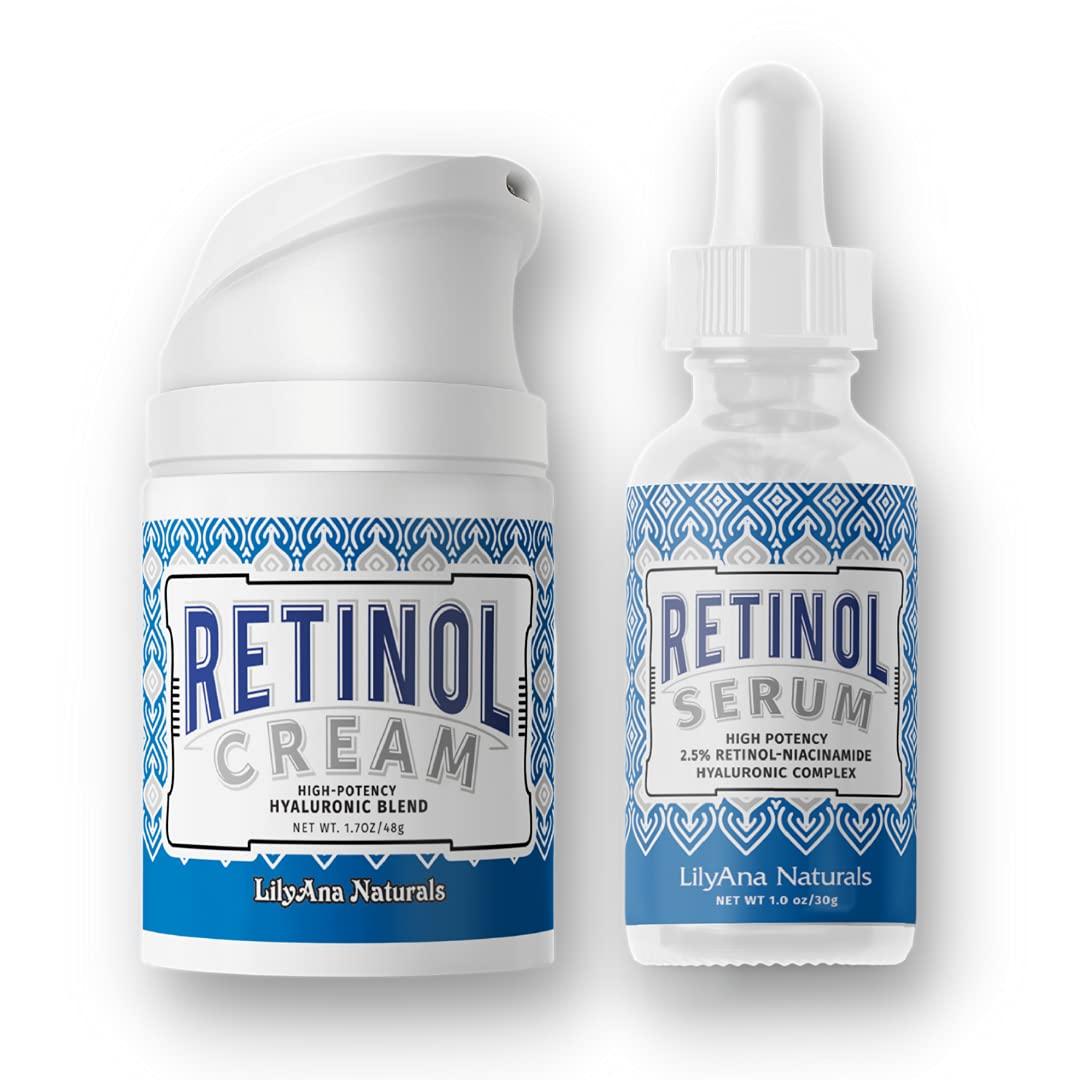 LilyAna Naturals Retinol Plus - Retinol Cream for Face 1.7oz (1-Pack) and LilyAna Naturals Retinol 2.5% Serum 1oz (1-Pack), for effective treatment of dark spots and acne scars