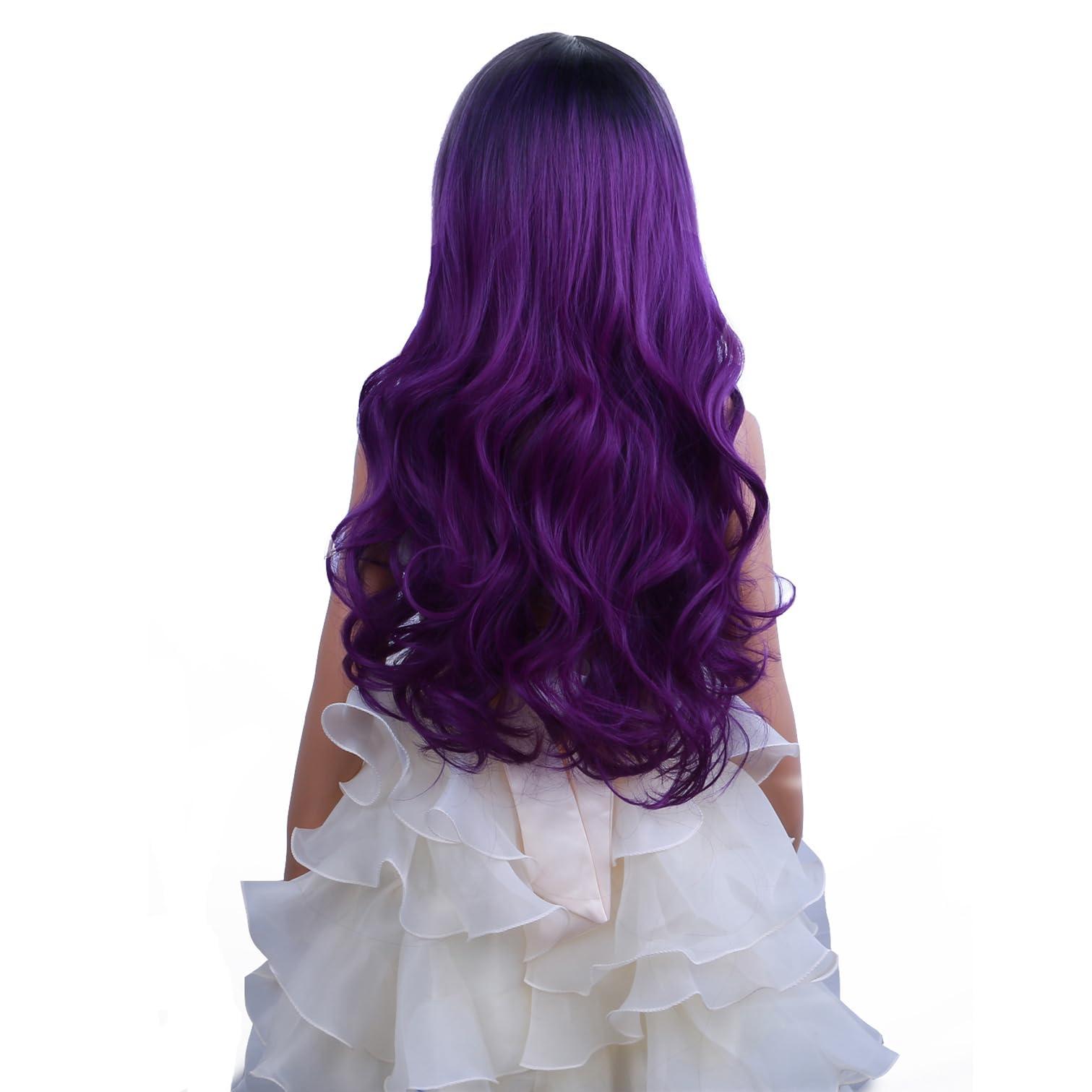 PATTNIUM PATTNIUM Dark Purple Wig Kids Child Wig Long Curly Wavy Wig Ombre Purple Wig Middle Part Girls Wig Black to Purple Wigs Heat Resistant Synthetic Hair Wig with Wig Cap
