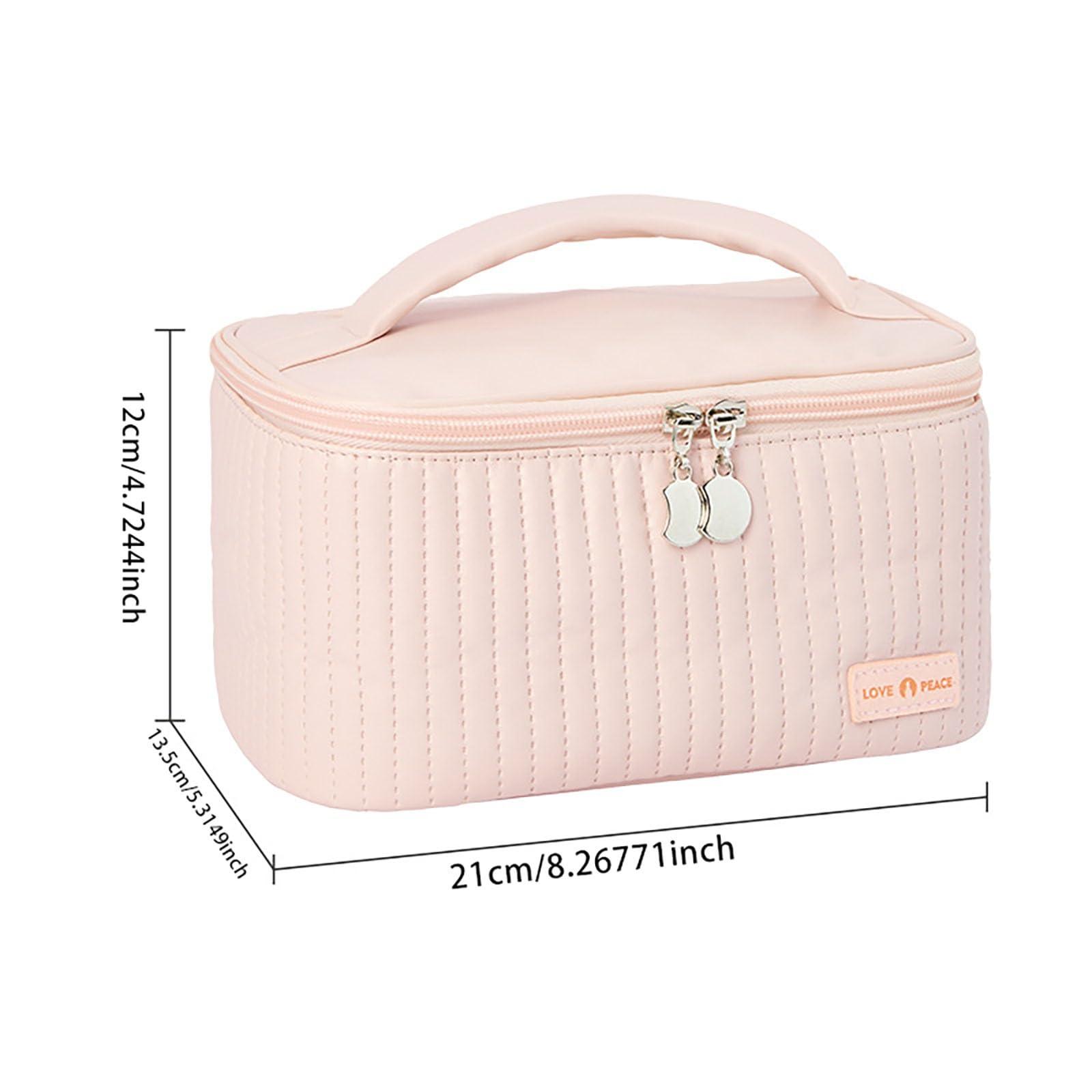 KELINFONG KELINFONG Quilted Makeup Bag with Zipper 8.4 * 5.4 Inch Pu Leather Waterproof Portable Pouch Open Flat Hanging Toiletry Bag for Women Large Cosmetic Bags for Wife Girlfriend Valentines Day Gifts