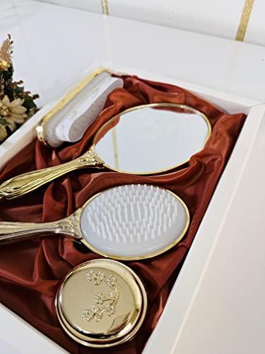 Bridesh Makeup Vanity Mirror Comb Hair Brush Set | Vintage antique Mirror Comb Brush | Antique Vanity makeup Mirror gold vanity mirror Hair Brush Set | Hand face beauty mirror | Comb and Mirror set (Bronze 2)