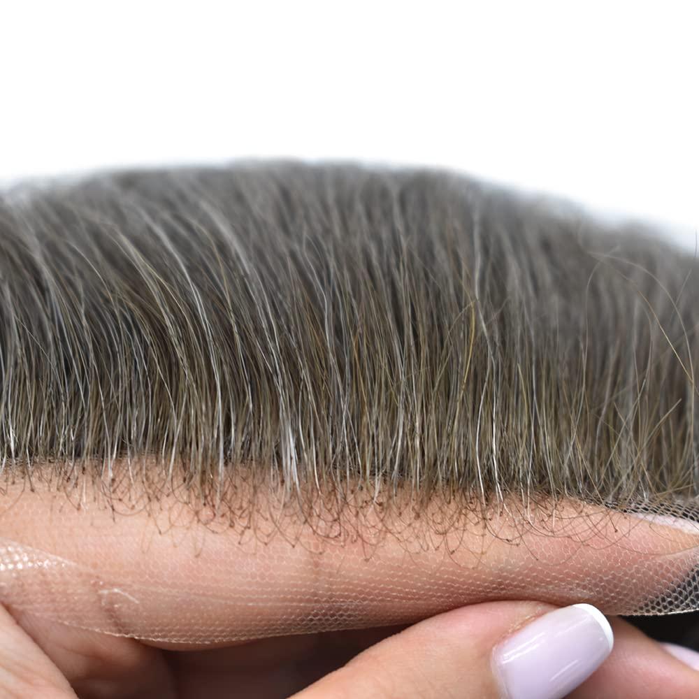 Generic Toupee For Men Swiss Lace Hair System Men Hair Pieces Real Human Hair Units Lace Front Mens Toupee White Gray Hair Replacement Bleached Knots Natural Hairline Black Brown Blonde Men Hair Systems US Stock. (7\"X9\"-90% Light Density, 430# 4# Medium Br