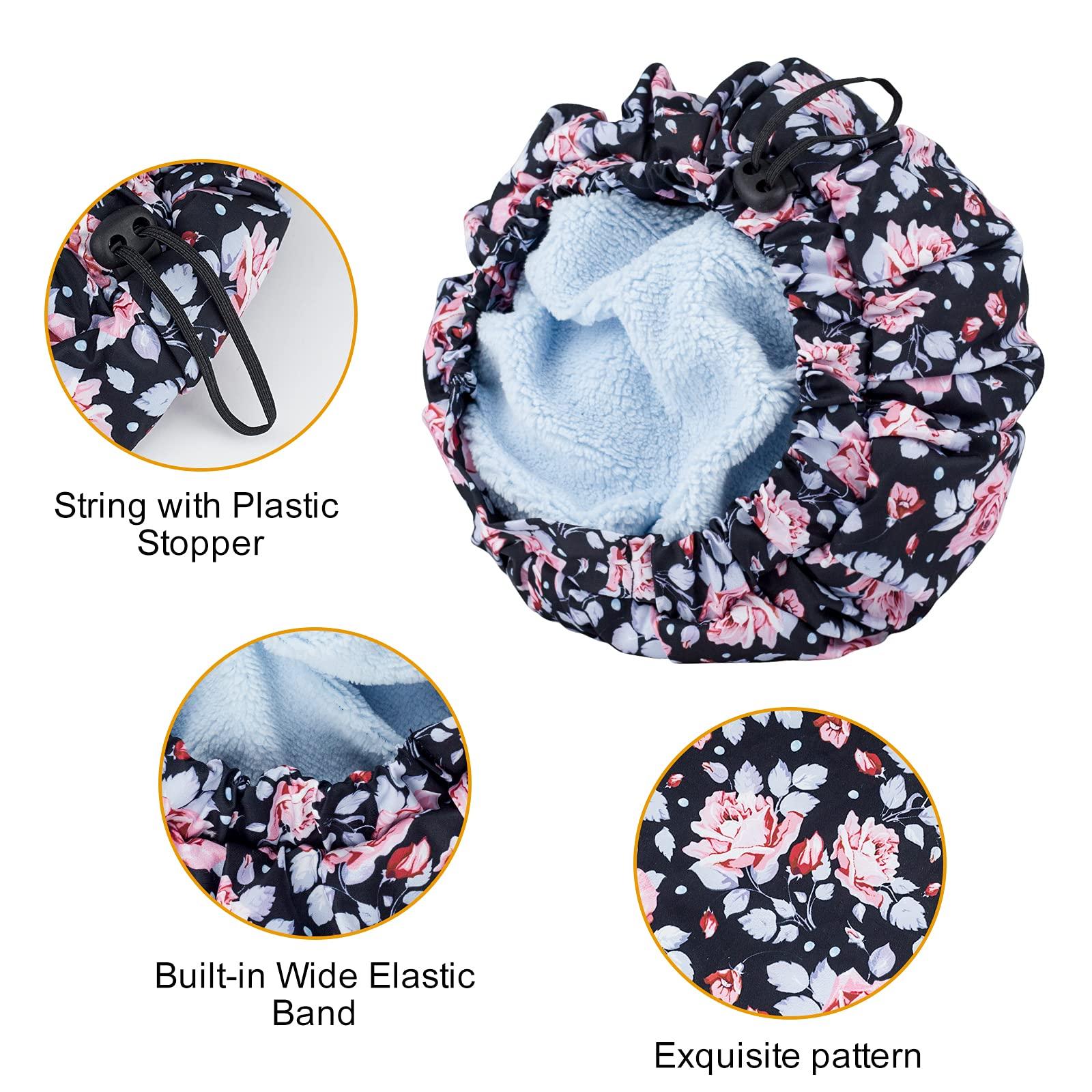 POZILAN Luxury Shower Cap for Women, Waterproof Reusable Shower Caps Double Layers Microfiber Terry Lined with Dry Hair Function, Extra Large for Long Hair, Adjustable for Most Heads Size