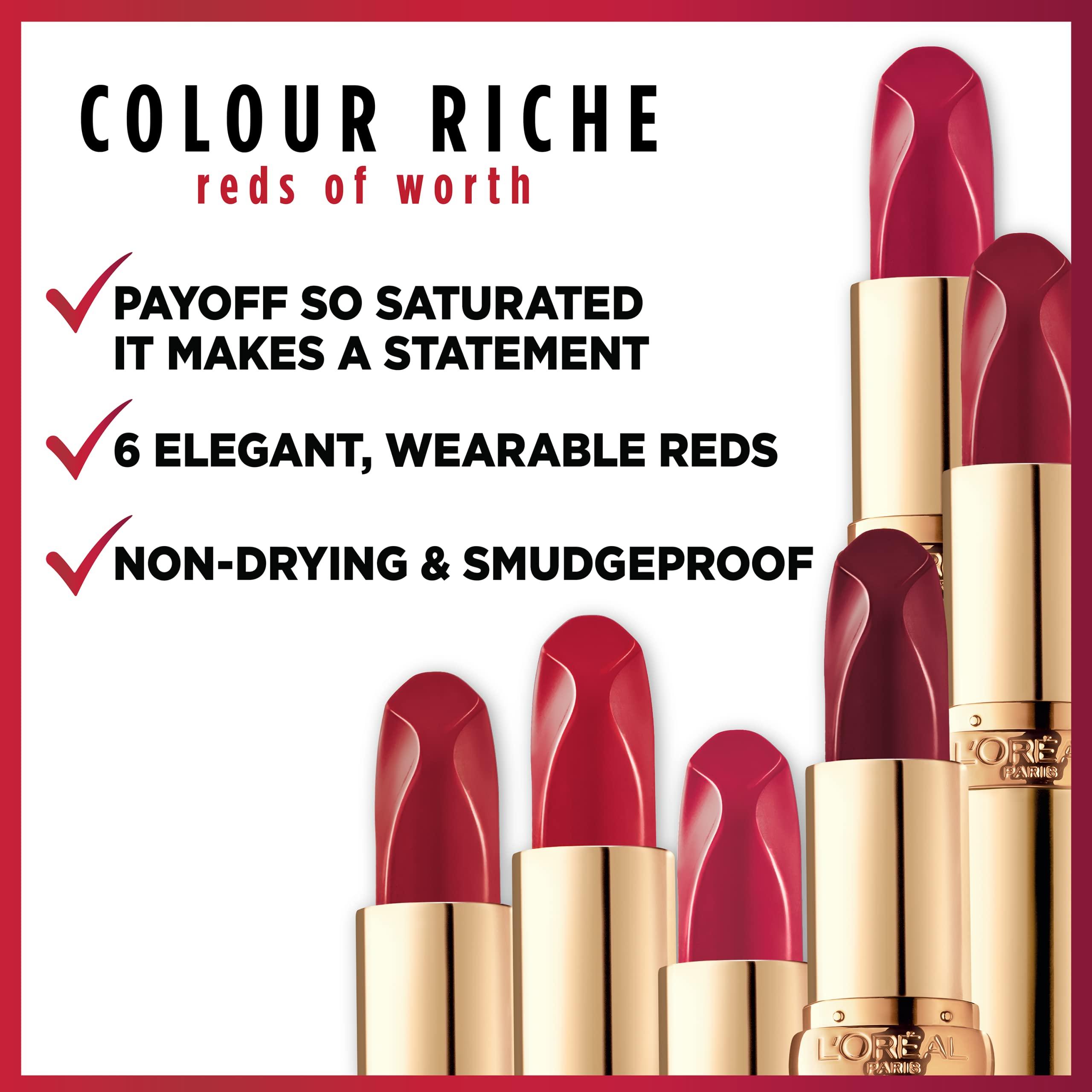 LOral Paris L'Oreal Paris Colour Riche Red Lipstick, Long Lasting, Satin Finish Smudge Proof Lipstick with Hydrating Argan Oil & Vitamin E, Reds of Worth, Hopeful Red, 0.13 Oz