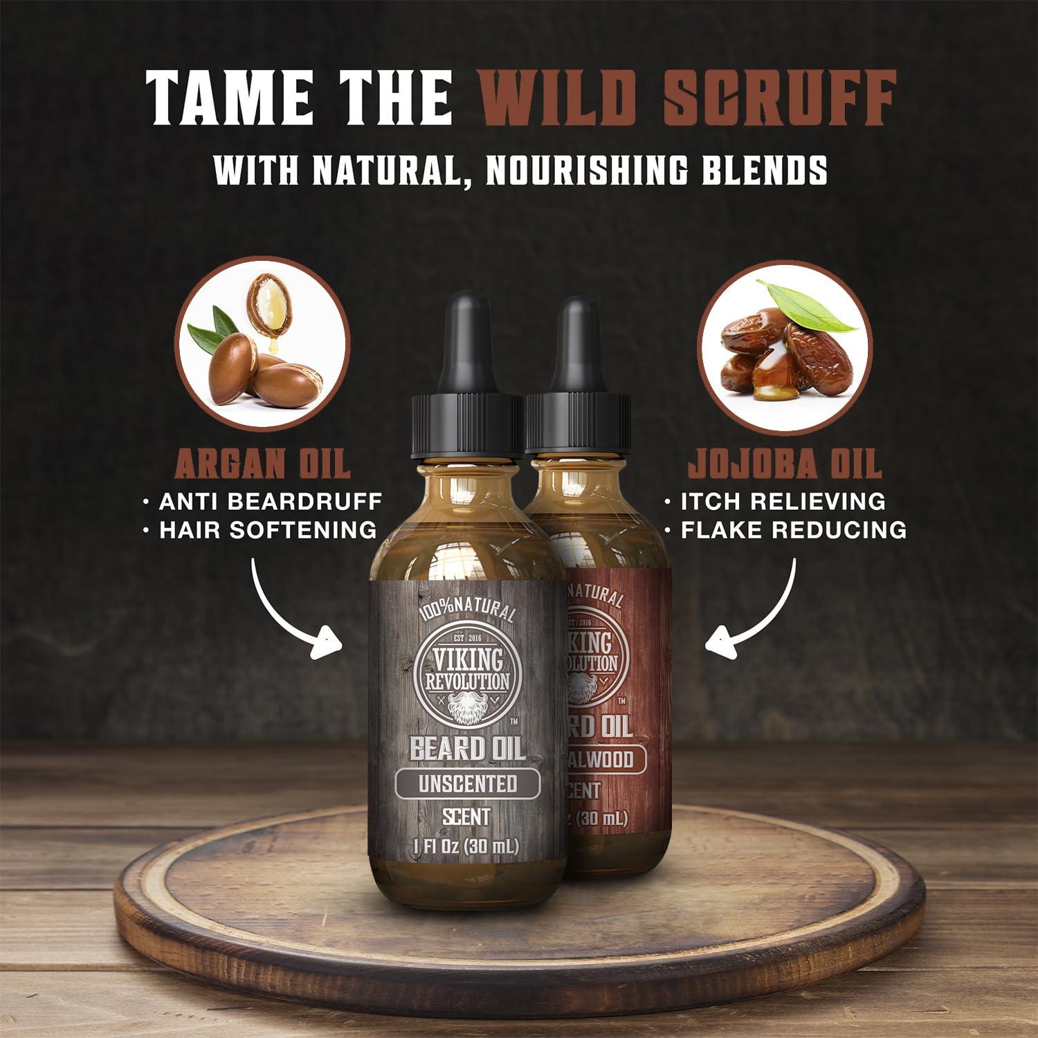 Viking Revolution Viking Revolution Sandalwood and Unscented Beard Oil for Men - Natural Mens Beard Oil with Argan Oil and Jojoba Oil - Beard Softener, Strengthens and Moisturizes - Beard Conditioner for Men (2 Pack)