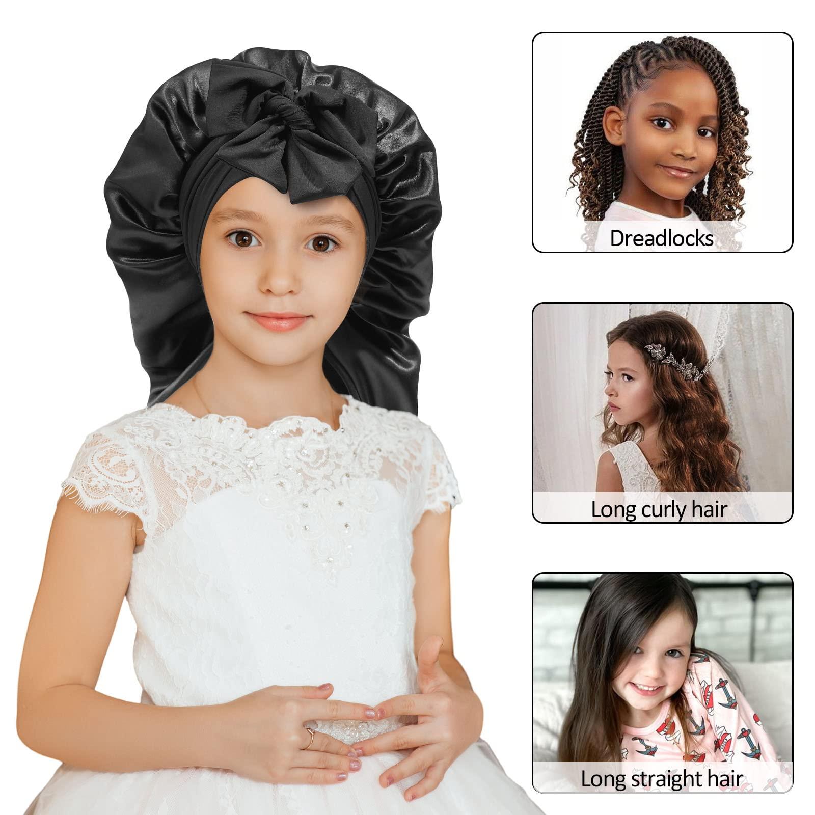 AWAYTR AWAYTR Long Toddler Silk Bonnet for Sleeping Elastic Satin Bonnets for Curly Hair Braid Bonnet Night Cap for Aged 3-12 Kids (Black)
