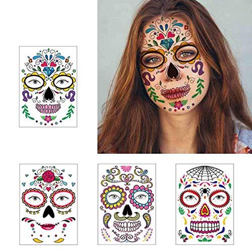 COKOHAPPY COKOHAPPY Halloween Temporary Face Tattoos Makeup Kit (13 Pack), Day of the Dead Sugar Skull Floral Black Skeleton Web Red Roses Full Face Mask Stickers Tattoo Families Party Supplies