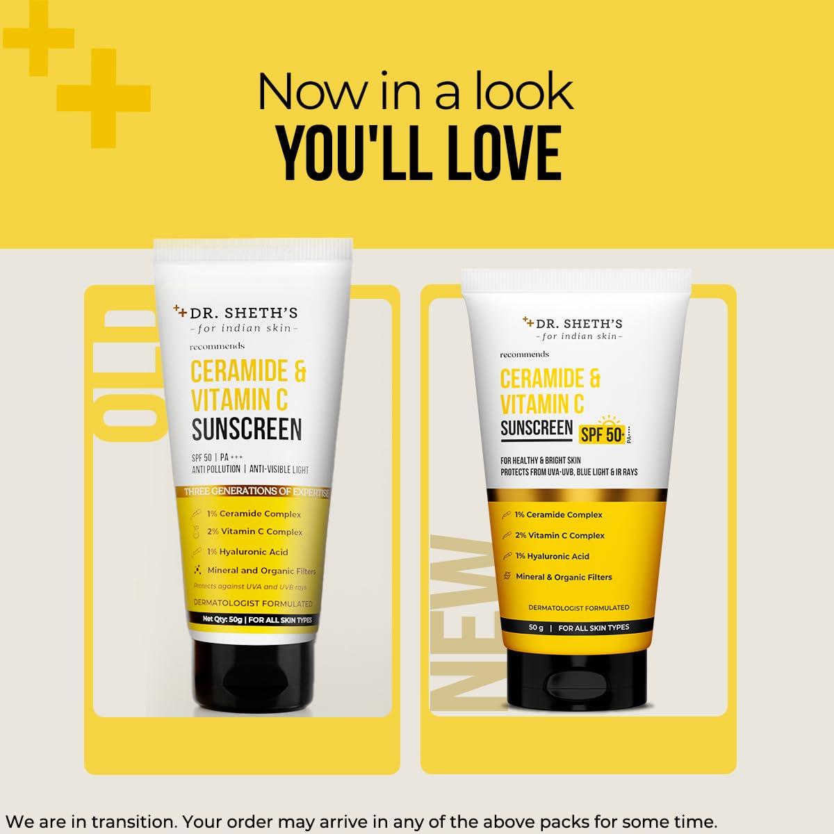 Dr. Sheth\'s Dr. Sheth\'s Ceramide & Vitamin C Sunscreen SPF 50+ PA+++ | One Step Routine for Summer | For Women & Men | UVA UVB Sun Protection | 1.76 Oz / 50g