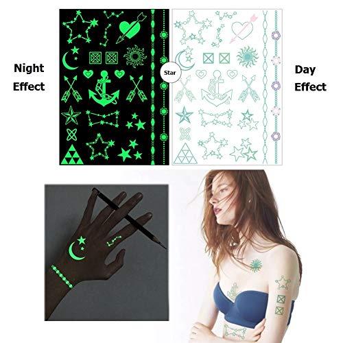 Fanoshon Fanoshon Glow in the Dark Butterfly Moon Star Temporary Tattoo for Teens Girls Women, 5 Sheets Fake Large Luminous Body Stickers for Face Arm Back Chest Leg Shoulder Waterproof, Birthday Party Favors