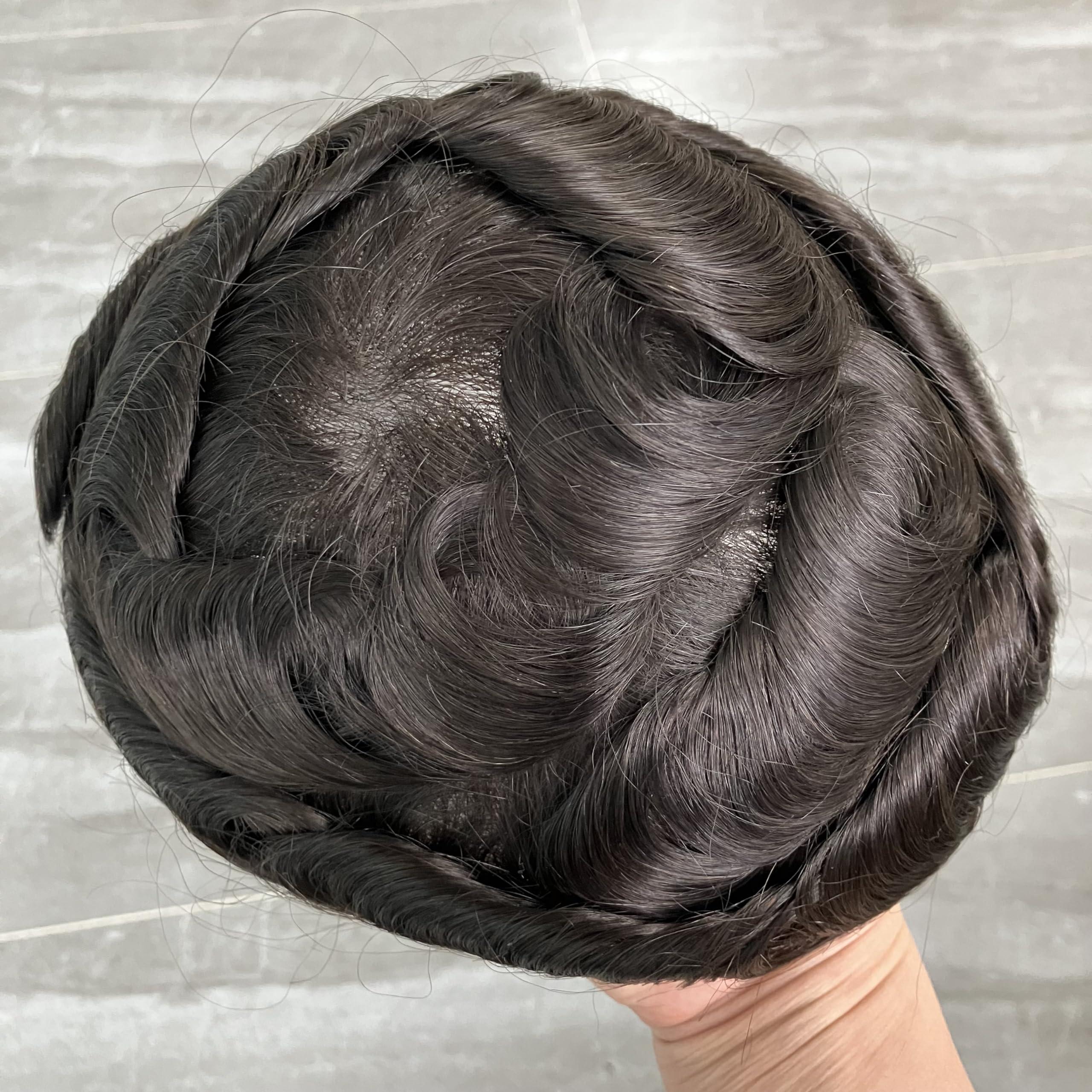 Eversilky Eversilky Super Ultra Thin Skin 0.02mm Full Skin Human Hair Men\'s Toupee Undetected Natural Hairline Prosthesis Capillary V Loop System (#2, dark brown, 0.03mm pu)