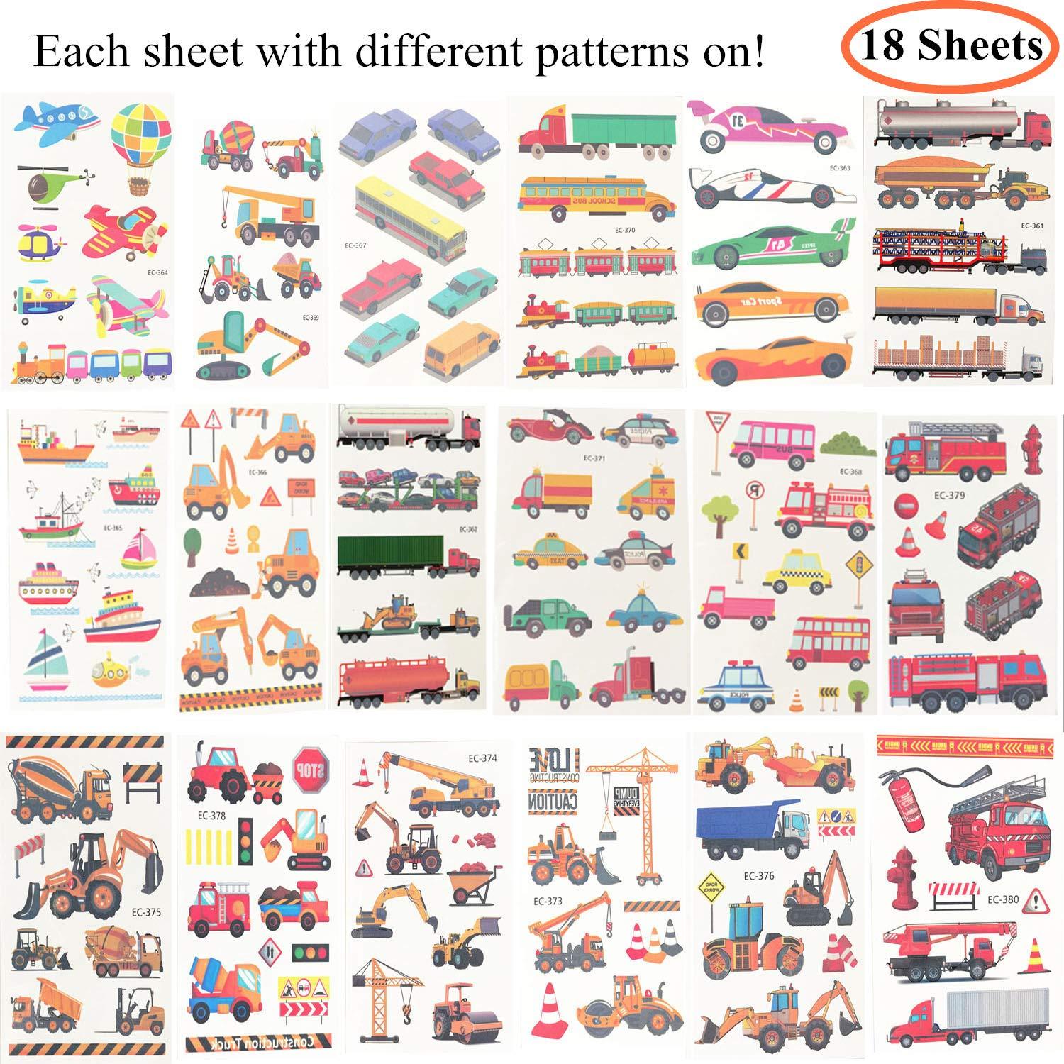 Oexper Oexper 18 Sheets of Construction Vehicle Temporary Tattoos Cars Fire Trucks Buses Transportation Tattoo Stickers for Boys Girls Kids Adults Birthday Party Car Themed Party Supplies Party Favors
