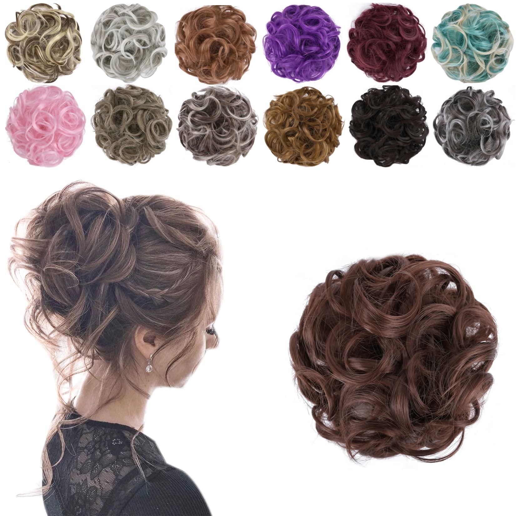 ELAINE ELAINE Hair Buns Hair Piece Messy Tousled Wavy Curly Scrunchies Wrap Ponytail Extensions With Elastic Rubber Band Synthetic Donut Updo Hairpieces for Women Girls (Dark Auburn -#39)