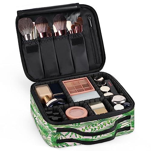 QsirBC QsirBC Makeup Train Case with Adjustable Dividers, Portable Make Up Bag for Women, Toiletry Bag for Men with Waterproof Brush Cover, Palm Tree Leaves Travel Makeup Organizer Makeup Box