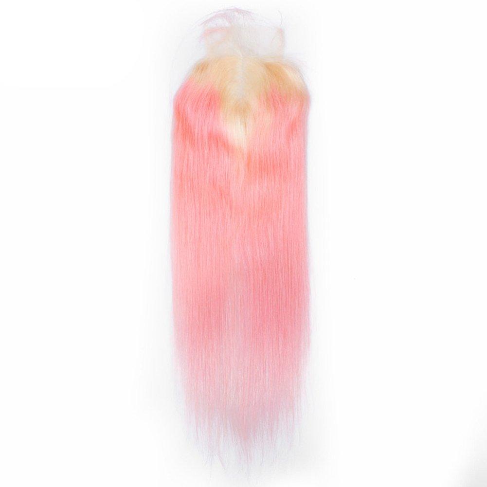 Ruma Hair Ruma Hair #613/Pink Dark Roots Ombre Human Hair Extensions With 4x4 Lace Closure 4Pcs Lot Two Tone Blonde and Pink Ombre Virgin Hair Silky Straight 3 Bundles With Top Closure (22 with 24 26 28)