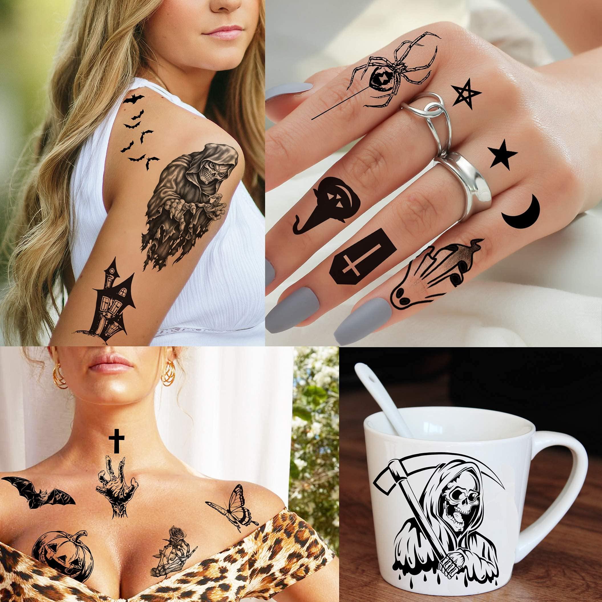 Shegazzi Shegazzi 52 Sheets Halloween Temporary Tattoos For Kids Boys Girls Women Men, 3D Scary Skull Skeleton Fake Tattoos Sticker For Adults, Small Ghost Vampire Bat Pumpkin Spider Temp Transfer Tatoos Devil