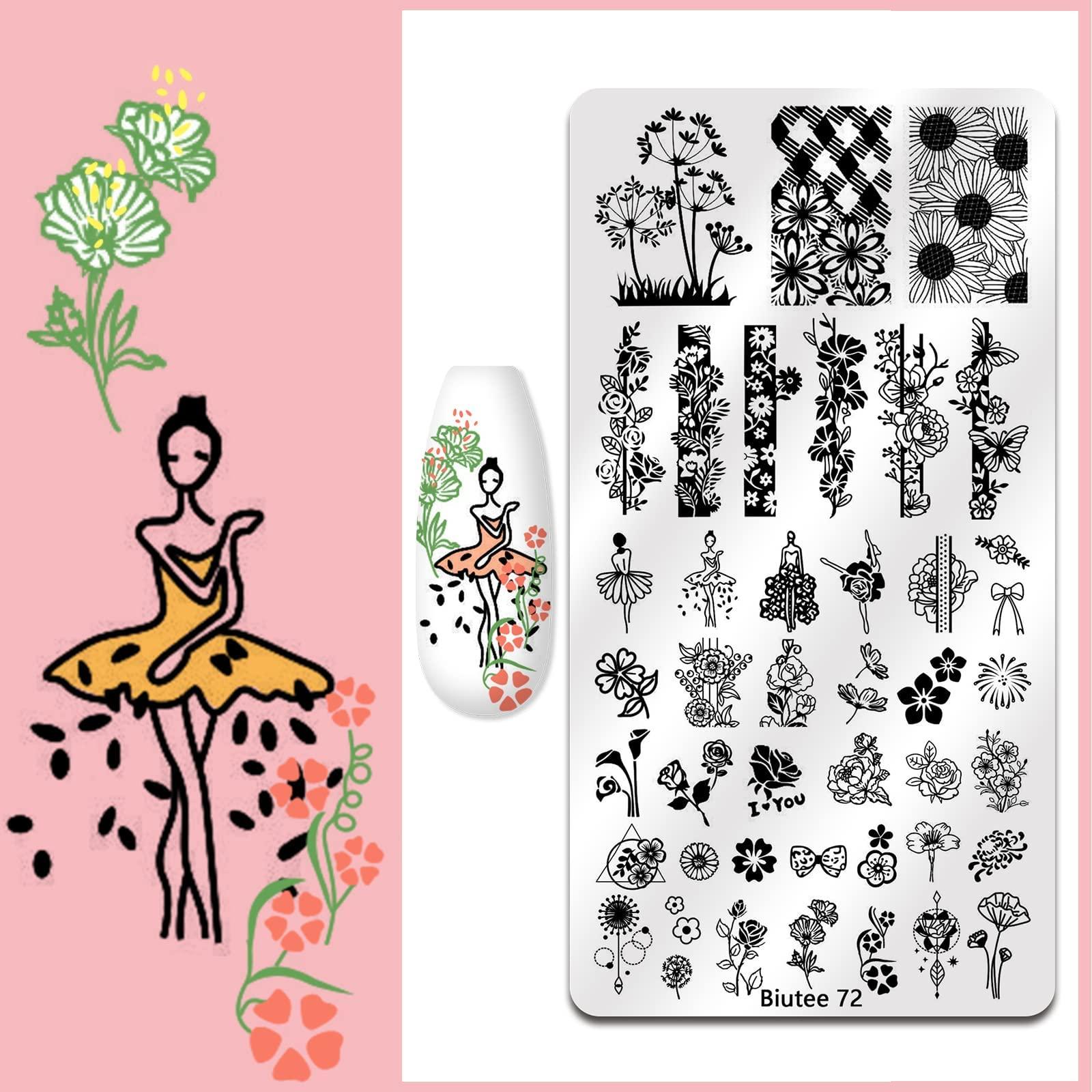 Biutee Biutee Nail Art Stamping Plate Set Nail Stamping Kit with Silicone Nail Stamper Flower Leaves Animal Lace Star Rose Holiday Design Nail Stamp Plate Valentine Nail Stamp Template