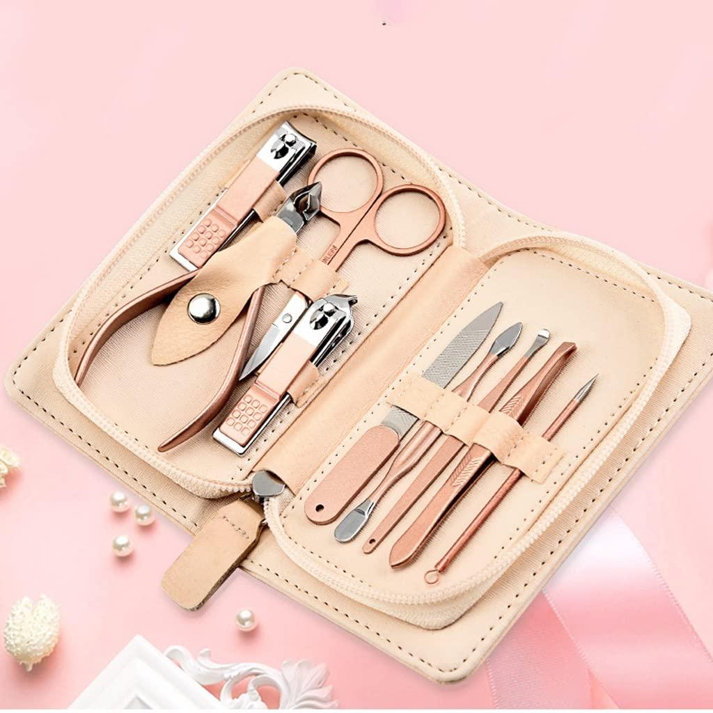 MHJKHG Manicure Set Travel Manicure Sett 9-Piece Personal Care Portable Nail Set with Built-in Nail File for Men and Women Home Nail Clippers and Tweezers Set Manicure Nail Clippers Kit, Beige