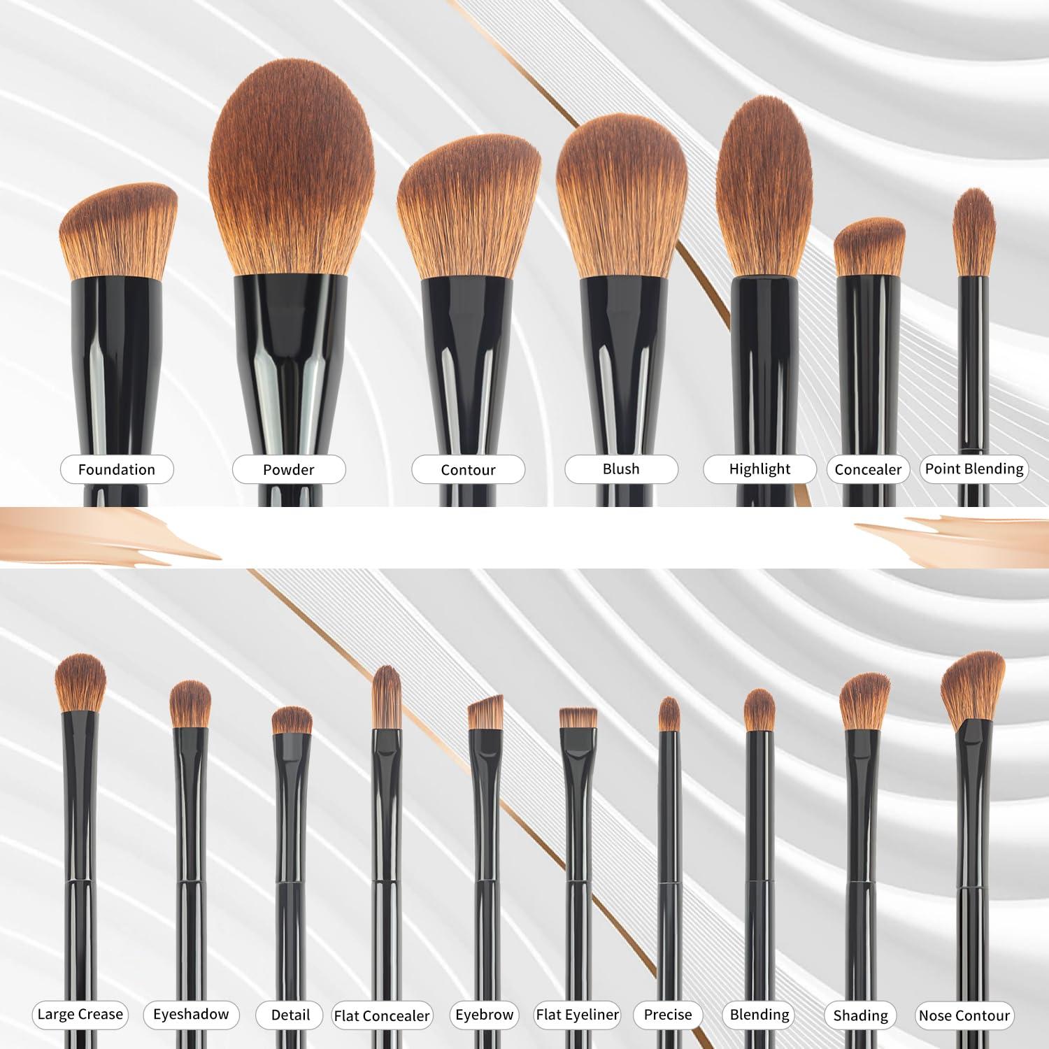 SUBIRELA Makeup Brush Set Professional, SUBIRELA 17Pcs Labeled Makeup Brushes with Powder Foundation Contour Blush Highlight Concealer Eyeshadow Eyebrow Brush, Make Up Brushes Kit, Black