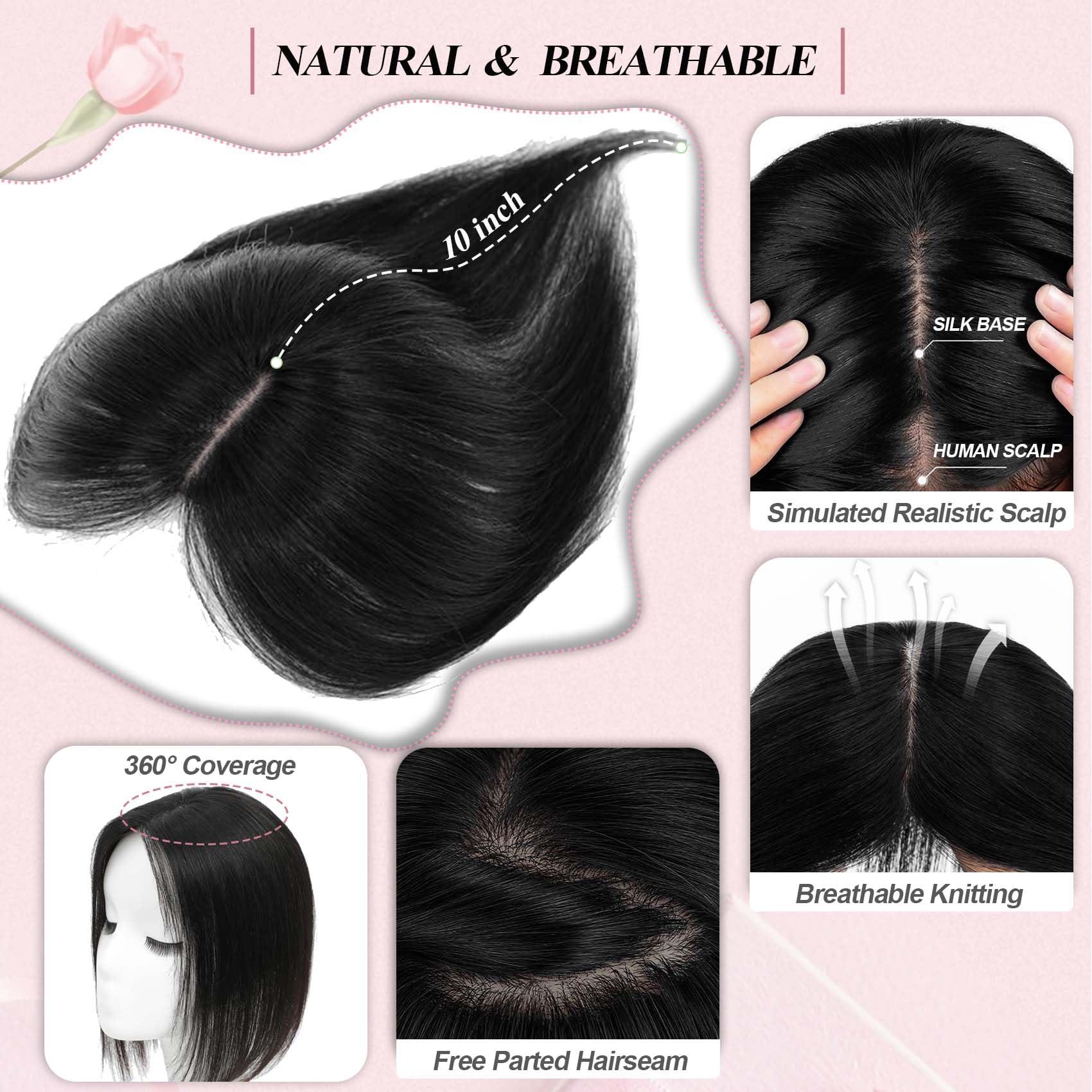 POWERASIA POWERASIA Hair Toppers for Women Real Human Hair Extensions with Thinning Hair No Bangs Wiglets Upgrade 3.9x4.7Inch Silk Base Clip ins Hair Pieces 150% Density Remy Hair Wig Topper #1 Jet Black