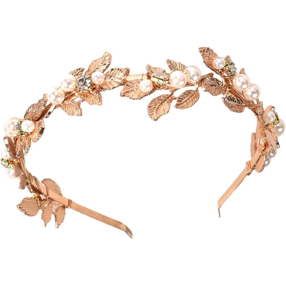 Beaupretty Beaupretty Pearls Leaf Headband Rhinestones Bridal Headpiece Jewelry Roman Goddess Hair Accessories for Bride Gold