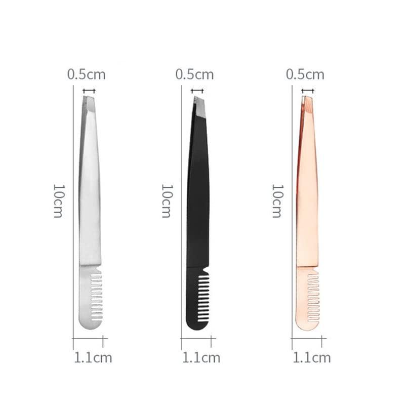 3DHOYYTT Eyebrow Tweezer With Eyebrow Brush Comb Stainless Steel Eyelashes Extension Tweezers Double Eyelids Pinzette Clip Silver