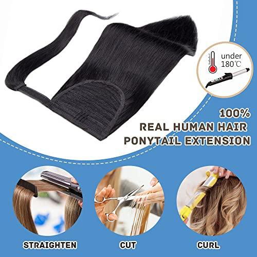 Hairro Hairro Ponytail Extension Human Hair Black Pony Tail Extensions Real Hair Wrap Around Ponytails Clip On Ponytail Hairpieces Remy Hair Piece Clip In Ponytail For Women 14inch 80g #01 Dark Black