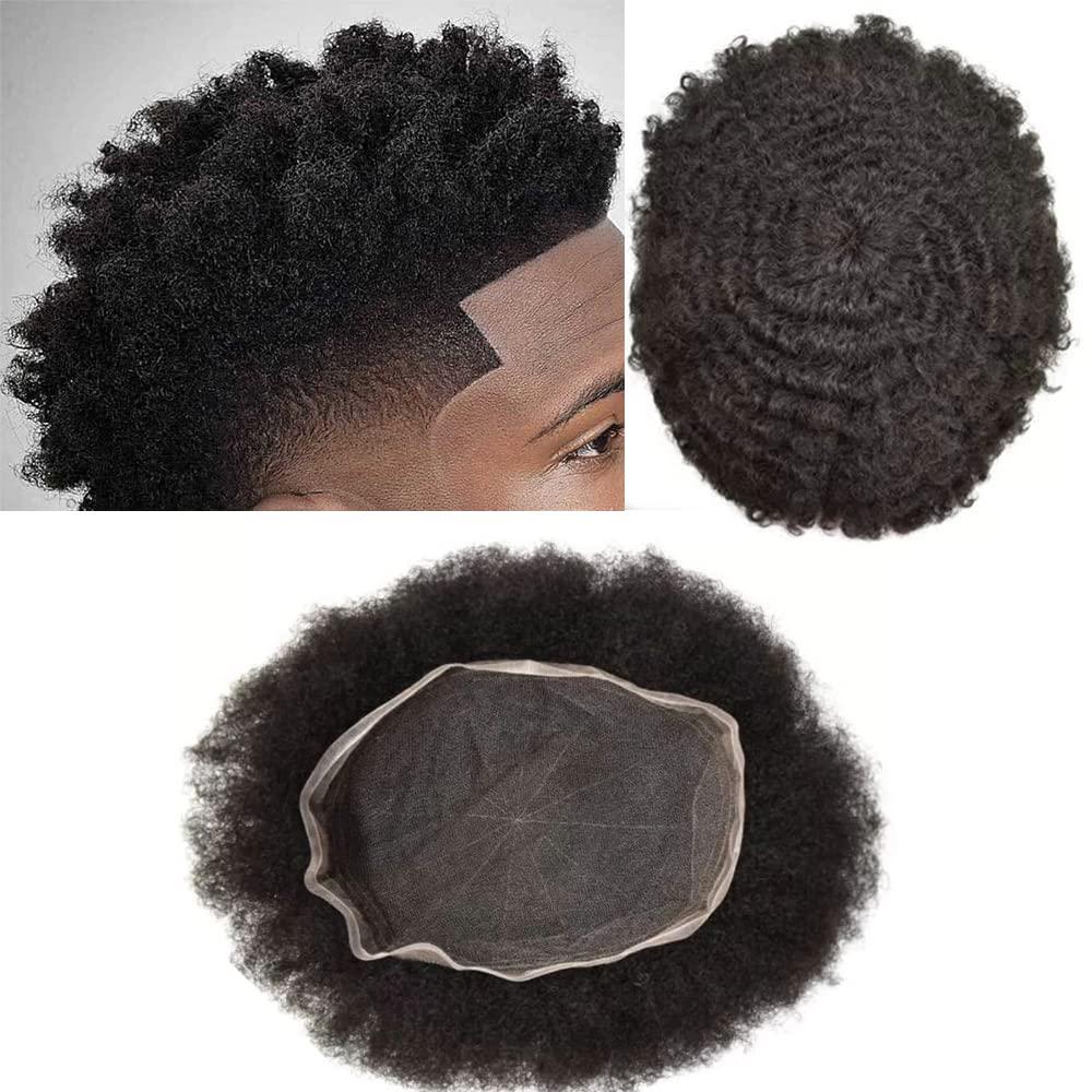 Healthlif Afro Curl Toupee for Black Men Full Lace Hair Toupee African American Coily Hunman Hair Replacement Systems For Black Men Natural Hairline Breathable French Lace Afro Toupee Kinky Curly Black Mens Unit (8\'\'X10\'\', #1 JET BLACK-10MM wave)