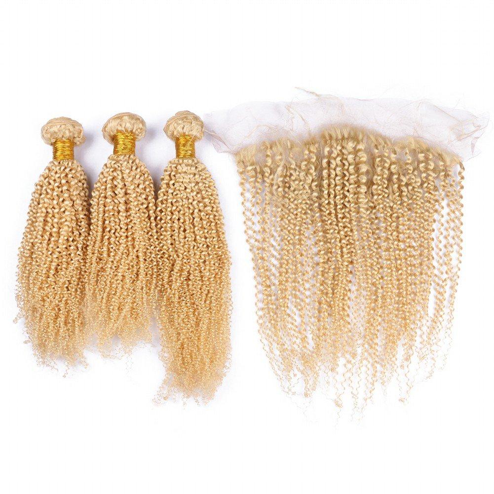Cloud Hair Cloud Hair Blonde 613 Kinky Curly Hair Weaves 3Pcs With Ear To Ear Frontal Brazilian Virgin Afro Curly Hair Weft With Top Closure 13x4 With Baby Hair (24 24 24+22 inch frontal)