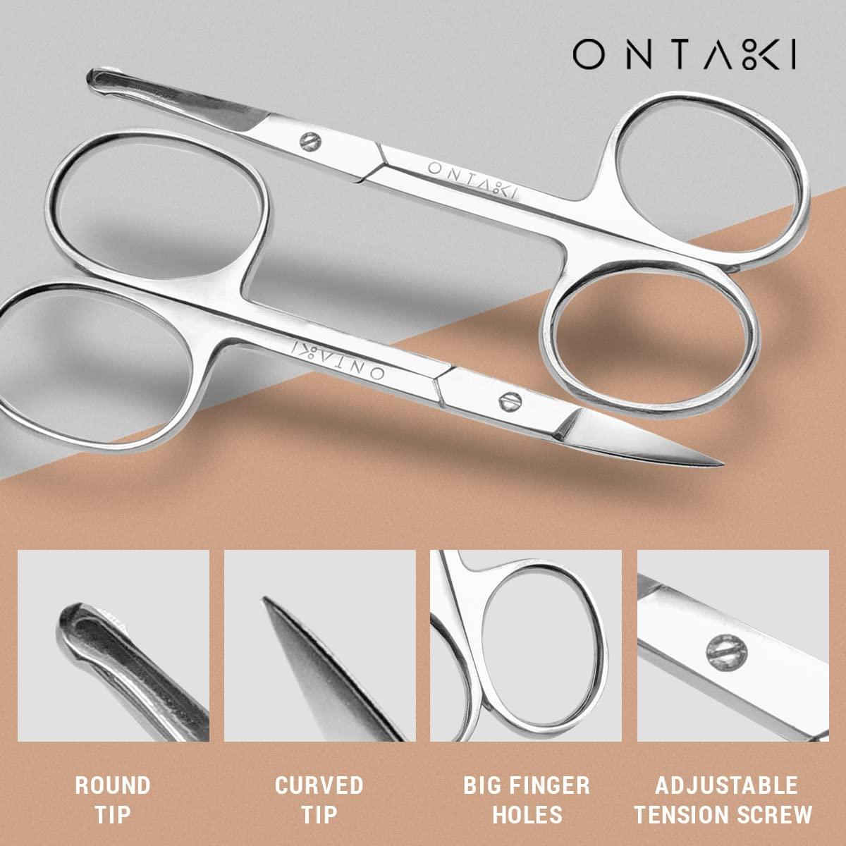ONTAKI Ontaki Curved and Rounded Men\'s Facial Hair Scissors - Mustache, Nose Hair, Beard Trimming - Safe for Eyebrows, Eyelashes, and Ears - Stainless Steel (Silver) - Eyebrow Scissors