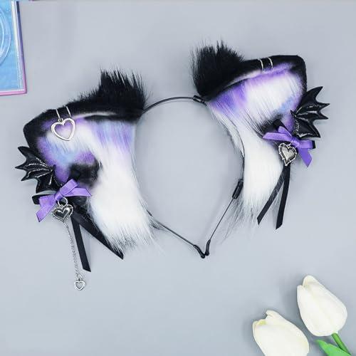 TTYAO REII TTYAO REII Gothic Fox Ears Headband Faux Fur Wolf Cat Hairband Animal Ears Headwear Fluffy Headdress for Anime Cosplay (Black and Purple)