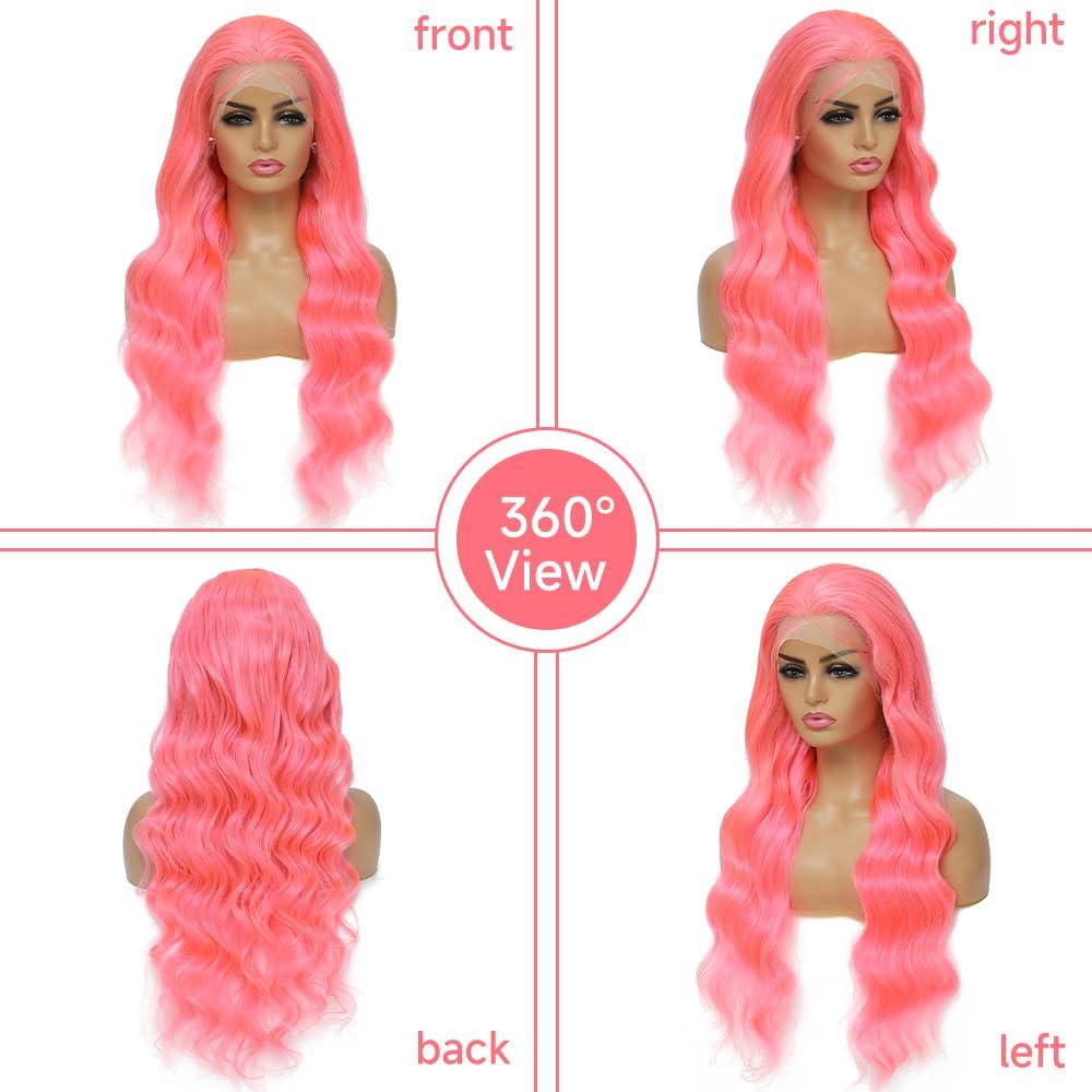 Otinid Pink Lace Front Wig - Human Hair, 13x4 HD Lace Frontal, Pre-Plucked Body Wave, 180% Density, Glueless, 28 Inch