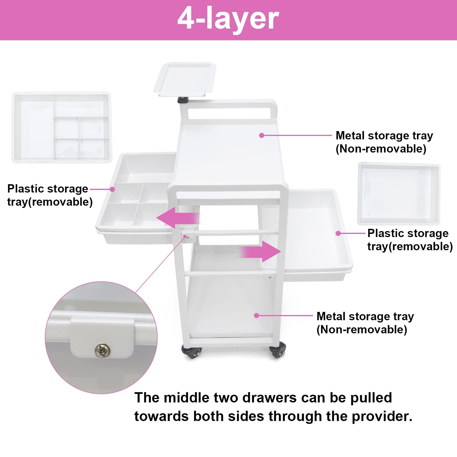 Elitzia Lash Cart Beauty Eyelashes Cart Organizer Esthetician Utility Trolley Salon Spa Rolling Trolley with Wheels Metal Storage Tray Fully Assembled 4 Drawers White Elitzia ETST19