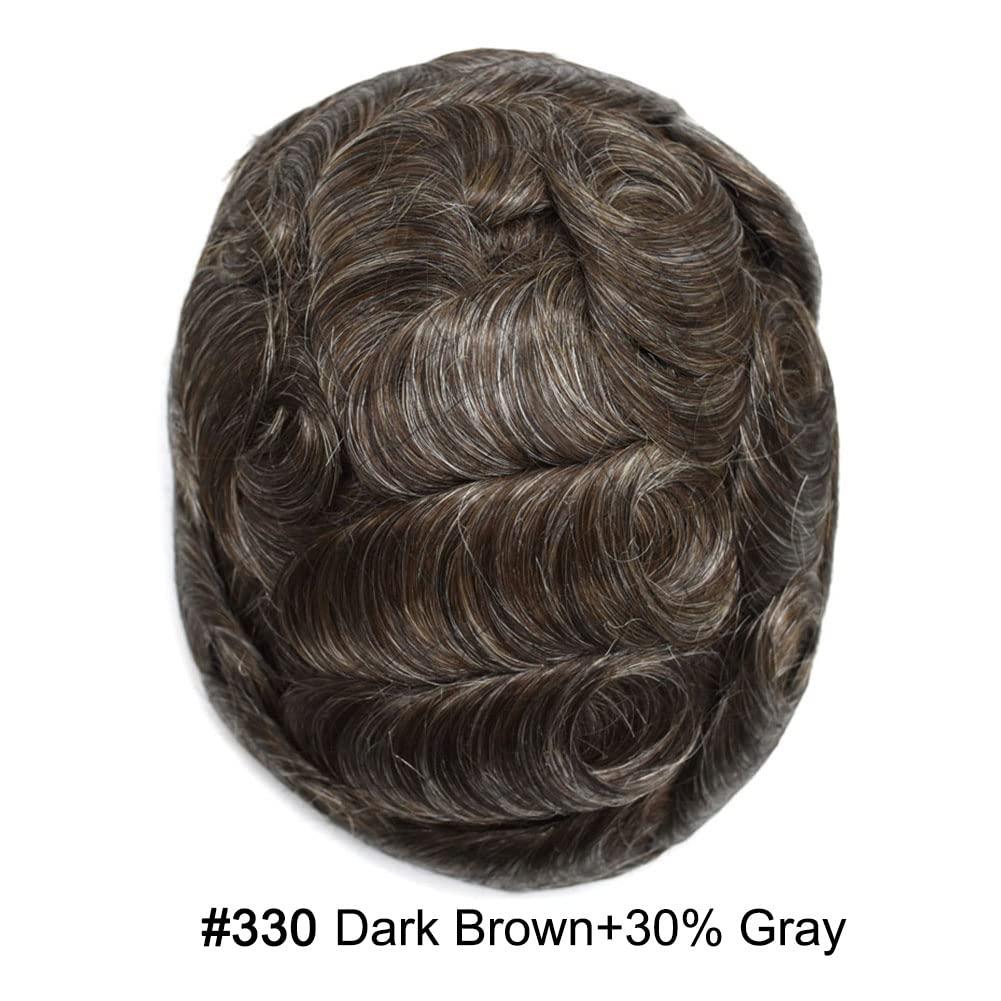 DR Hair Men Hair System Swiss Lace Mens Toupee Real Human Hair Piece For Men Hair Replacement System For Men Toupee For Men Hair Piece For Men 8x10 Medium light density #330 3# DARK BROWN+30% GREY