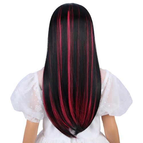 WAVELNM WAVELNM Kids Black and Pink Wig with Bangs Child Black Wig with Pink Highlight Long Straight Wigs for Kids Girls Daily Halloween Cosplay Wigs