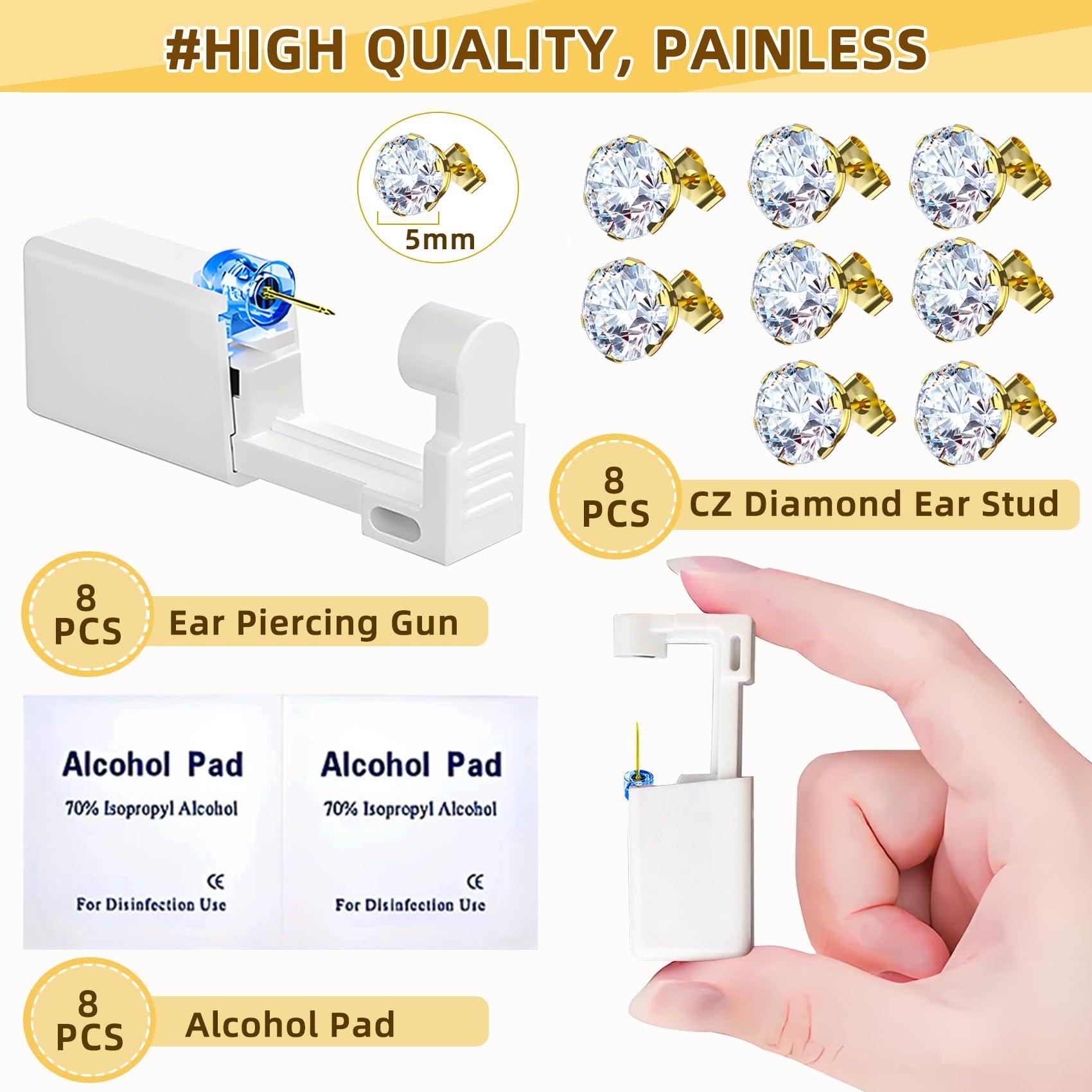 Novopiercing 24 Pcs Ear Piercing Kit Disposable Ear Piercing Gun Kit with 8 Pcs Gold-Plated CZ Earrings Stud 8 Pcs Self Piercing Gun and 8 Pcs Cleaning Pads
