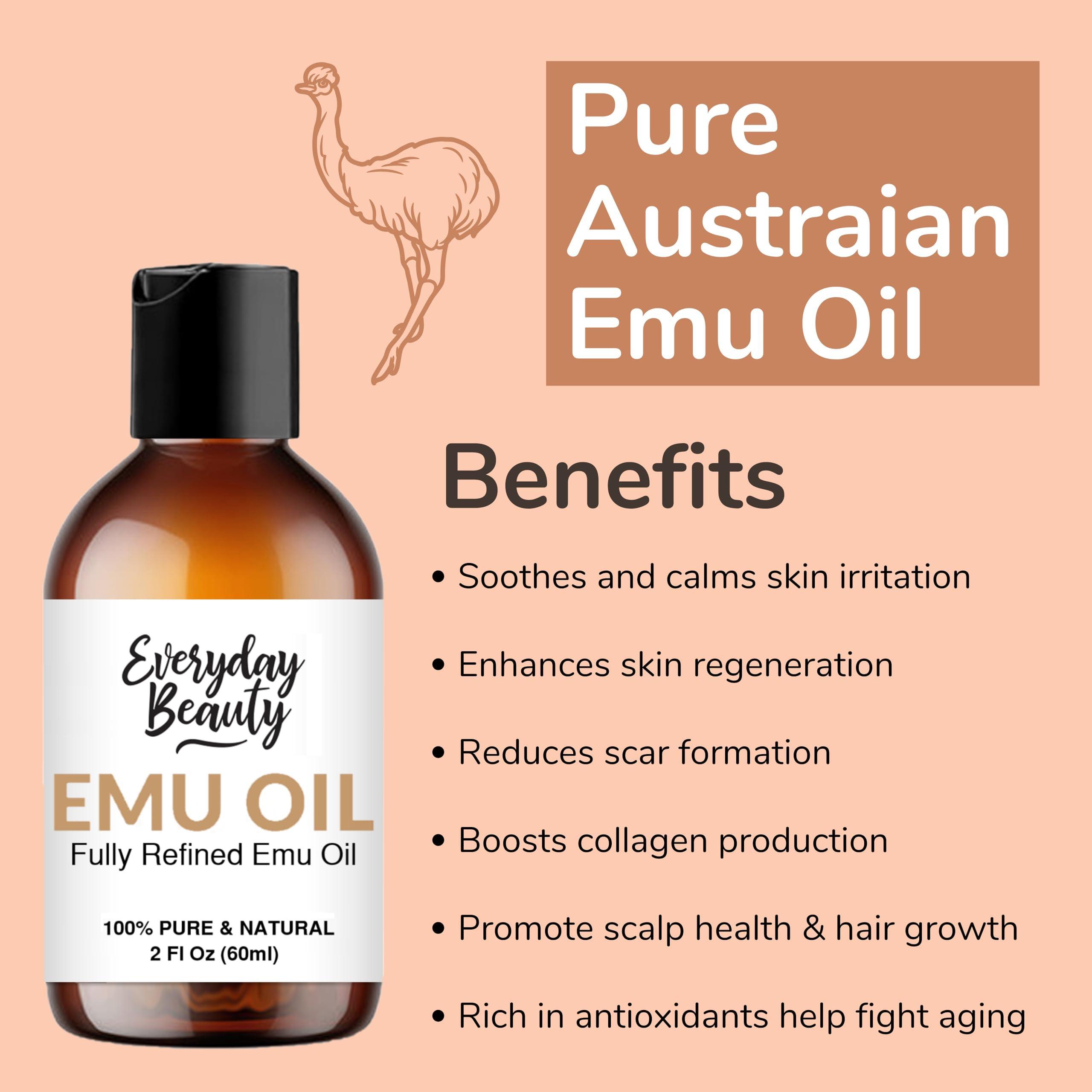 Everyday Beauty Helping You Feel Beautiful Ins Pure Australian Emu Oil - All Natural 6X Refined for Face, Skin and Hair - Highly Effective Hydration for Sensitive Skin and Hair Growth - Perfect for Scars and Blemishes - 2 Fl Oz