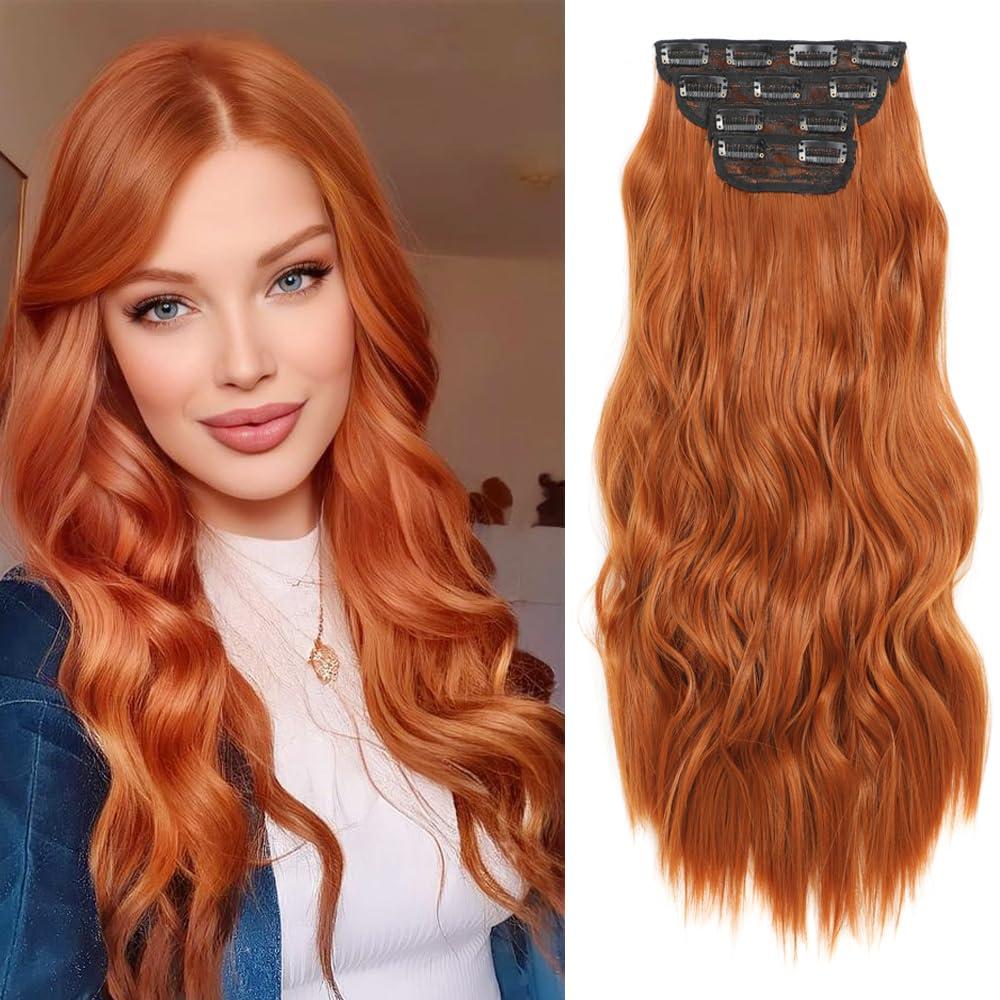 HaEver Clip In Long Wavy Synthetic Copper Red Hair Extensions 4PCS Thick and Lightweight Clip in Hair Extensions Fiber Hairpieces for Women 24inch
