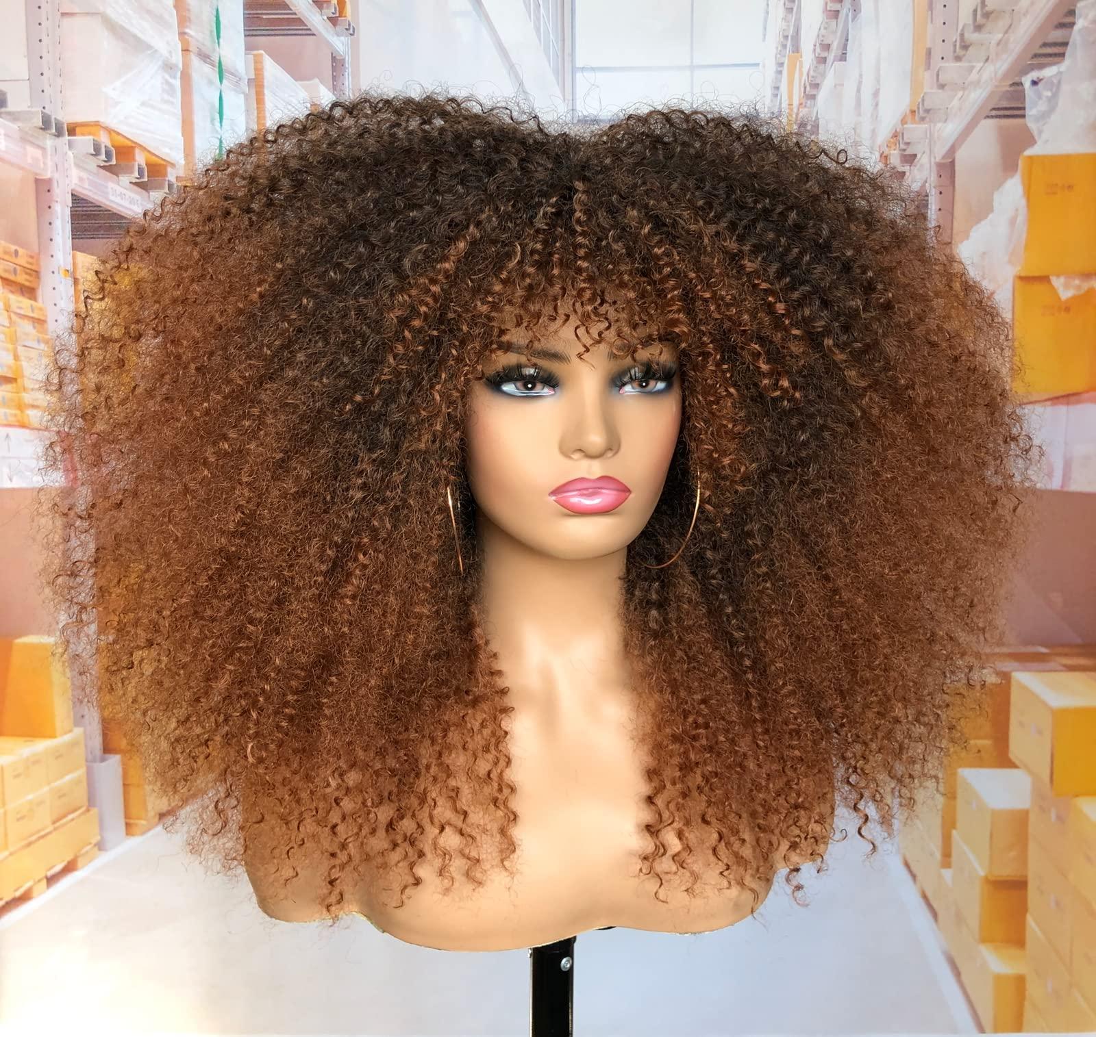 MURAMURA HAIR MURAMURA HAIR 18Inch Long Curly Wig With Bangs for Black Women Afro Bomb Kinky Curly Wig Fluffy and Soft Synthetic HairBlack to Brown
