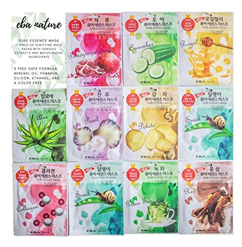 Eba nature Eba nature 100 pcs Pure Essence Facial Mask Sheet of (10 Types x 10 pcs), Korean Face Mask Sheets for Skincare, Cleansing, Moisturizing, relaxing, Elasticity