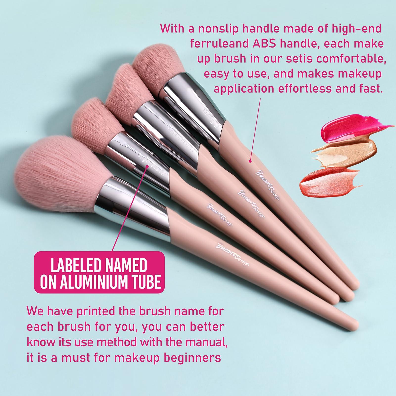 Bueart Design Bueart design 16Pcs ULTRA SOFT Labeled Best Makeup Brushes set with Travel Holder case face Contour Foundation brushes (16Pcs Elegant+Pink Holder)