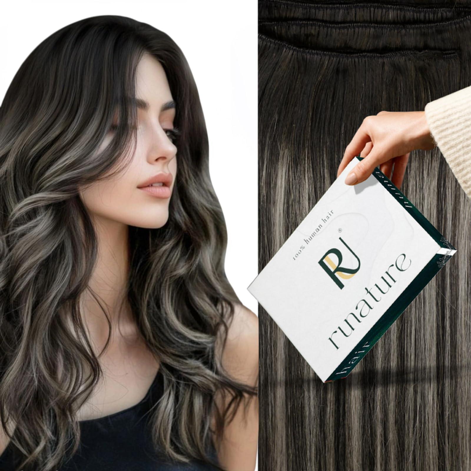 RUNATURE RUNATURE Human Hair Weft Extensions Ombre Black Weft Hair Extensions Human Hair Black to Silver Mix Black Sew in Hair Extensions Real Human Hair Weft Straight Weft Hair Extensions 12 Inch 70g