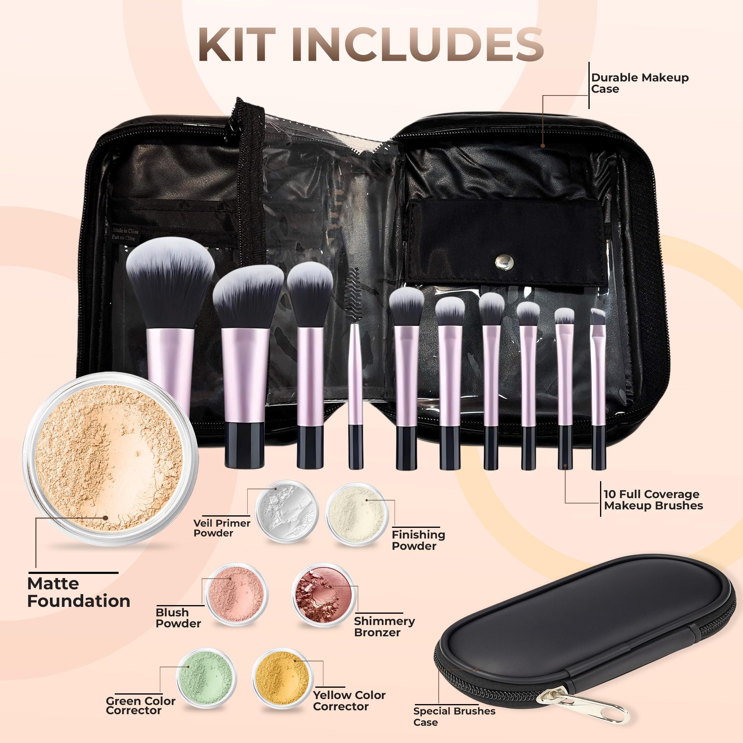 Sweet Face Minerals 15 pc STARTER KIT w/BRUSHES & CASE (FAIR 1) Mineral Makeup Foundation Blush Bronzer Illuminating Veil Set Bare Skin Matte Powder