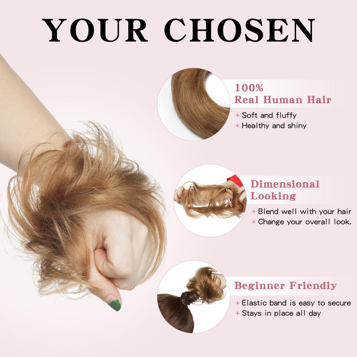 TESSHAIR TESSHAIR Human Hair Messy Bun Hair Piece Scrunchie Light Brown Hair Pieces for Updos Style Natural Wavy Hair Extension Scrunchie 100% Real Human Hair Updo Hair Pieces for Women Girls