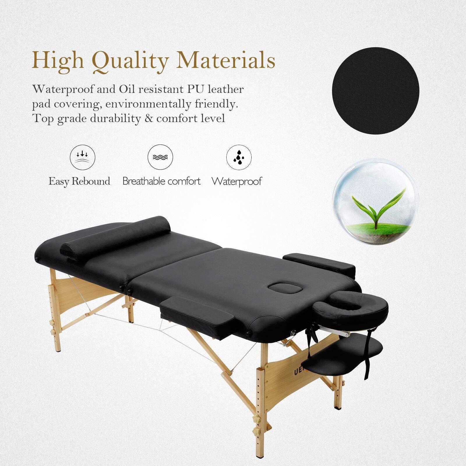 Infun Uenjoy Massage Table 84'' Professional Folding Massage Bed Deluxe Model with Extra Width, Ultra-thick Sponge, PU Leather Surface & Additional Accessories, 2 Fold, Black