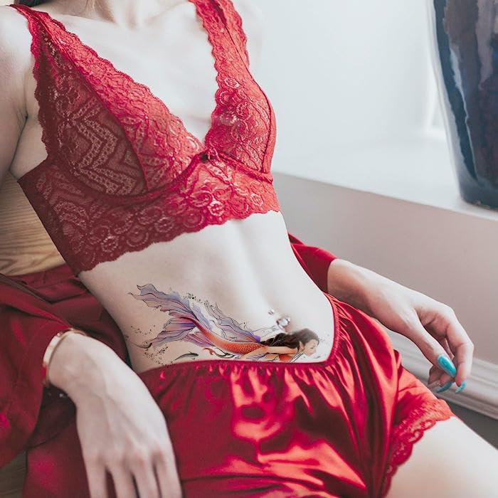 GoDdis Mermaid Collarbone Ancient Style Fairy Tattoo Stickers Temporary Tattoos Fake Tattoo Waterproof Long-Lasting Ink Shoulder Scar Cover Feminine