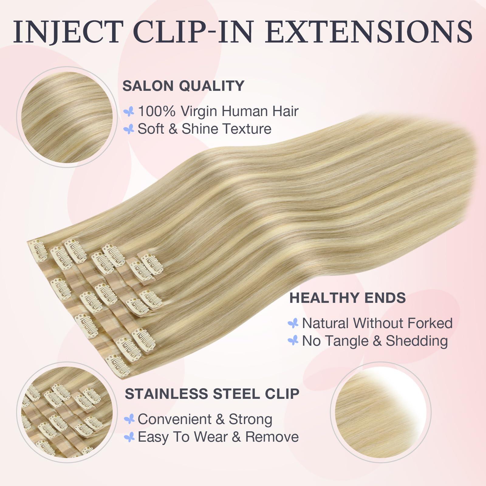 DOORES DOORES Seamless Clip in Hair Extensions 14 inch 110g 7pcs, Light Blonde Highlighted Golden Blonde Virgin Human Hair Clip in Extensions, Invisi Edge Clip in Hair Extensions