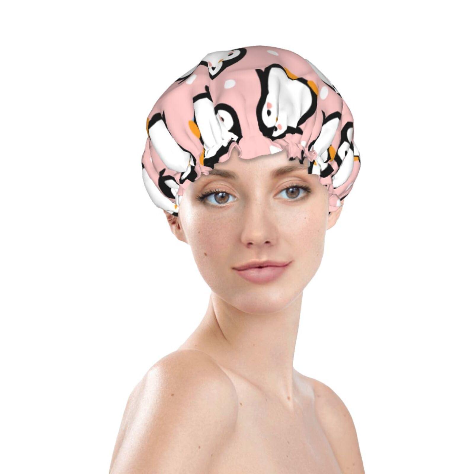 YIPOCH Cute Animal Penguin Large Shower Cap for Women Men Shower Caps for Women Reusable Waterproof Hair Cap Double Layers Showercap With PEVA Lined & Elastic Band Fashion Shower Bonnet